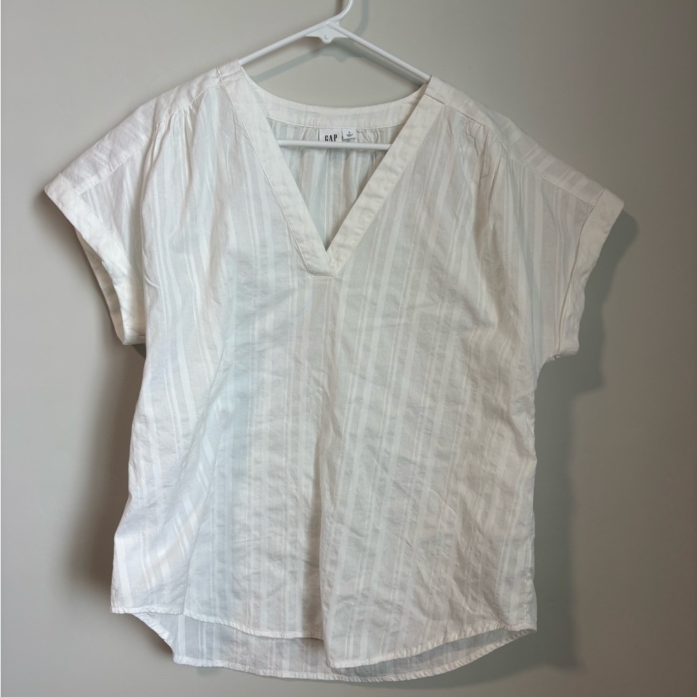 GAP White Striped V-Neck Short Sleeve Blouse